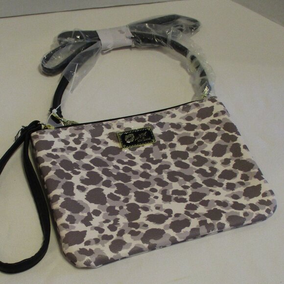 Betsey Johnson Woman Small Gray Tan White Top Zip Shoulder Bag Purse - Picture 2 of 8